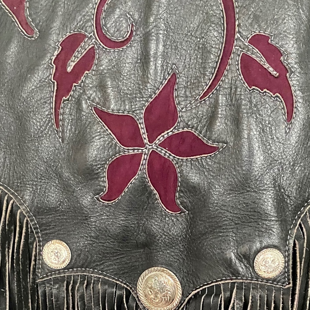 Gypsy Leather Motorcycle Jacket. Black,  Plum Suede Trim. Fringe, Studs.  12 - Picture 2 of 16